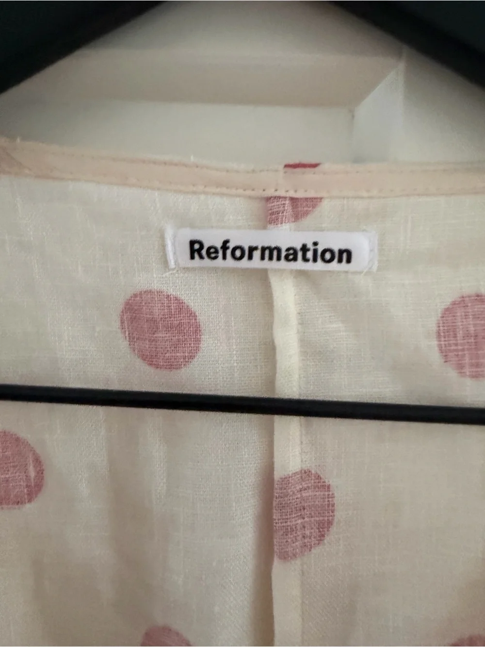 Reformation Cream Blouse with Pink Polka Dots and Puff Sleeves
